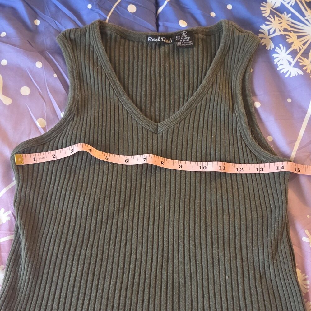 Red Paint Women's Olive Green Ribbed Knit Sleeveless V-Neck Tank Top Size L - Picture 3 of 4
